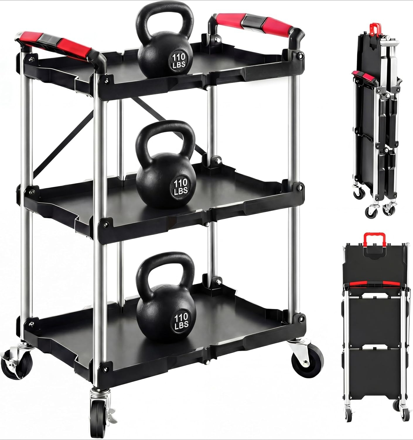 Workshop Tools And Equipment - 3-Shelf Foldable Rolling Utility Service Cart